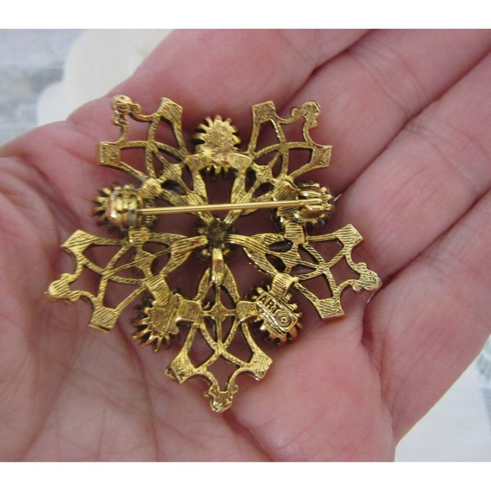 Vintage Gold-Tone Brooch With Garnet Color Rhinestones & Faux Pearls Floral Desi - Picture 3 of 3